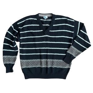 Vintage Izod Club Men’s Sweater Black Tan White Pattern V neck XL 100% Cotton